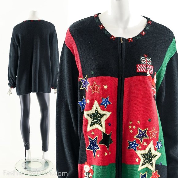 Ugly Christmas Sweater,Metallic Star Sweater,Tacky Christmas Sweatshirt,Festive - Picture 3 of 8